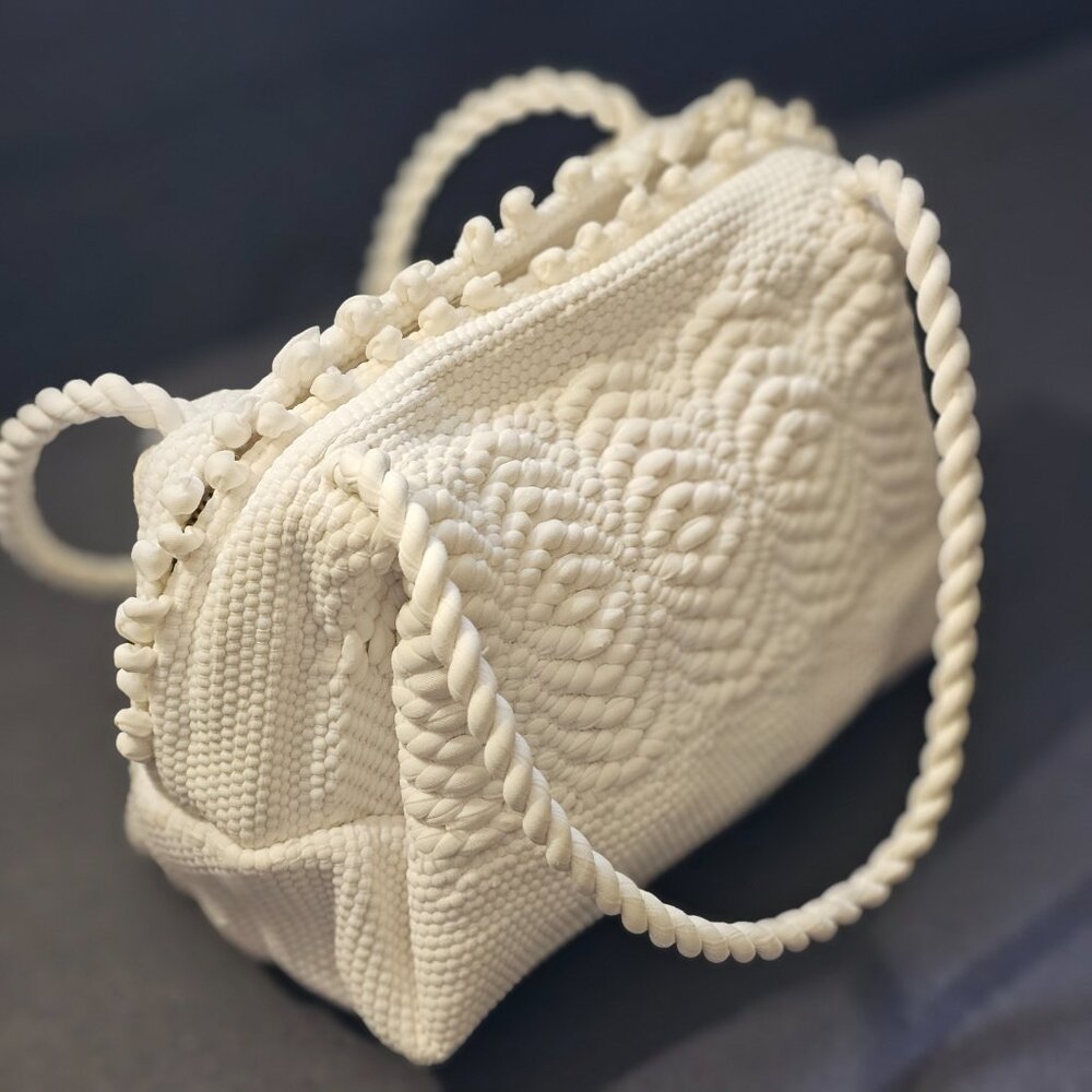 Woven Crocheted Fabric White Purse Bag Mid Century MCM Vintage